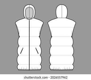 Down vest puffer Hooded waistcoat technical fashion illustration with sleeveless, pockets, hip length, wide quilting. Flat template front, back, white color style. Women, men, unisex top CAD mockup