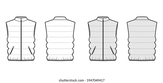 Down vest puffer waistcoat technical fashion illustration with sleeveless, stand collar, zip-up closure, pockets. Flat template front, back, white, grey color style. Women, men, unisex top CAD mockup