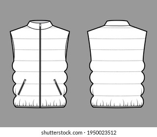 Down vest puffer waistcoat technical fashion illustration with sleeveless, stand collar, zip-up closure, pockets, oversized. Flat template front, back, white color style. Women, unisex top CAD mockup