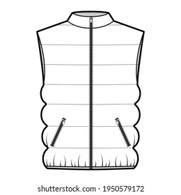 Down vest puffer waistcoat technical fashion illustration with sleeveless, stand collar, zip-up closure, pockets, oversized body. Flat template front, white color style. Women, men, unisex CAD mockup