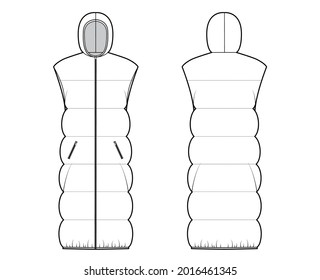 Down vest puffer waistcoat technical fashion illustration with hoody collar, zip-up closure, oversized, knee length, wide quilting. Flat template front, back, white color style. Women, men CAD mockup