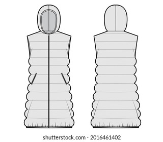 Down vest puffer waistcoat technical fashion illustration with hoody collar, zip-up closure, loose body, classic quilting. Flat template front, back grey color style. Women, men, unisex top CAD mockup