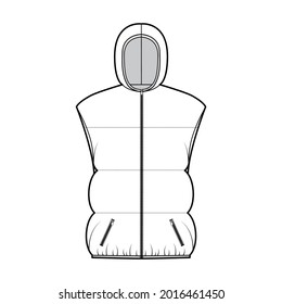 Down vest puffer waistcoat technical fashion illustration with hoody collar, zip-up closure, pockets, hip length, wide quilting. Flat template front, white color style. Women men unisex top CAD mockup