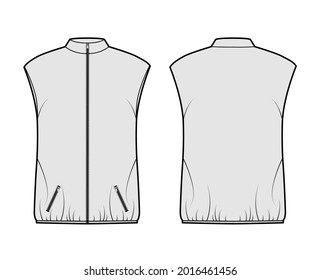 Ilustración técnica de moda con chaleco de chaleco con mangas sin mangas, cierre de cremallera, bolsillos, sobretamaño, longitud de cadera. Estilo de color gris, frontal y posterior de una plantilla plana. Mujeres hombres, unisex top mockup CAD