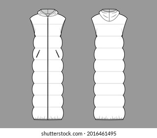 Down vest puffer waistcoat technical fashion illustration with sleeveless, hoody collar, zip-up closure, pockets, maxi length, wide quilting. Flat template front, back, white color style. Women, men