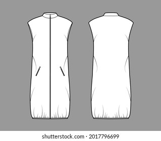 Down vest puffer waistcoat technical fashion illustration with sleeveless, stand collar, zip-up closure, pockets, loose fit. Flat template front, back, white color style. Women, men, unisex CAD mockup