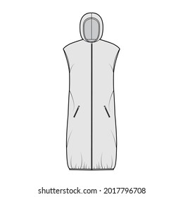 Down vest puffer waistcoat technical fashion illustration with sleeveless, hoody collar, pockets, loose fit, knee length. Flat template front, grey color style. Women, men, unisex top CAD mockup
