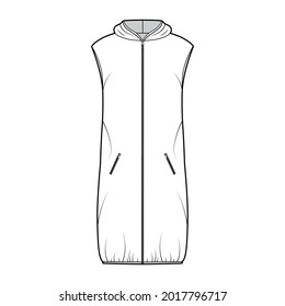 Die technische Modegrafik mit der Daunenweste mit Ärmellosen, Hoody-Kragen, Reißverschluss, Taschen, lose Passform, Knie-Länge. Flache Vorlagenfront, weißer Farbstil. Frauen, Männer, CAD-Modell