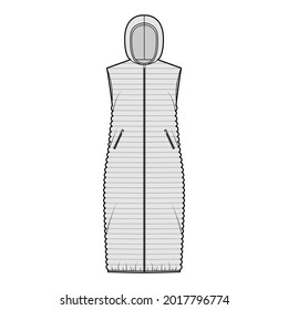 Down vest puffer waistcoat technical fashion illustration with hoody collar, zip-up closure, pockets, loose body, narrow quilting. Flat template front, grey color style. Women, unisex top CAD mockup