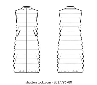 Down vest puffer waistcoat technical fashion illustration with sleeveless, stand collar, zip-up closure, oversized, classic quilting. Flat template front, back, white color. Women, men top CAD mockup