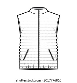 Down vest puffer waistcoat technical fashion illustration with stand collar, pockets, loose fit, hip length, narrow quilting. Flat template front, white color style. Women, men, unisex top CAD mockup