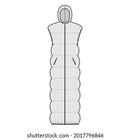 Down vest puffer waistcoat technical fashion illustration with sleeveless, hoody collar, pockets, maxi length, wide quilting. Flat template front, grey color style. Women, men, unisex top CAD mockup