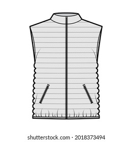 Technisches Modebild mit Stehkragen, Taschen, lose Passform, Hüftlänge, schmales Stechen. Flache Vorlagenfront, grauer Farbstil. Frauen, Männer, unisex top CAD-Modell nach oben