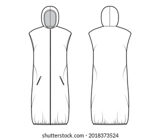 Down vest puffer waistcoat technical fashion illustration with sleeveless, zip-up closure, pockets, loose fit, knee length. Flat template front, back, white color style. Women, men, unisex CAD mockup