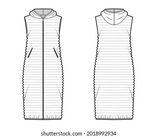 Ilustración técnica de la moda del chaleco de chaleco antideslizante con collarín, cierre de la cremallera, bolsillos, cuerpo suelto, tejido estrecho. Plano frontal de la plantilla, reverso, color blanco. Mujeres, hombres, maquillaje de CAD unisex
