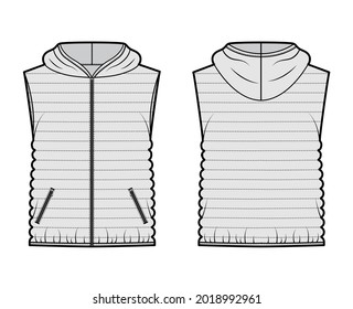 Down vest puffer waistcoat technical fashion illustration with sleeveless, hoody collar, zip-up closure, hip length, narrow quilting. Flat template front, back, grey color style. Women, men CAD mockup
