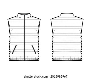 Down vest puffer waistcoat technical fashion illustration with stand collar, pockets, loose fit, hip length, narrow quilting. Flat template front, back, white color style. Women, men top CAD mockup