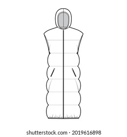 Down vest puffer waistcoat technical fashion illustration with sleeveless, hoody collar, zip-up closure, oversized, knee length, wide quilting. Flat template front, white color. Women, men, CAD mockup