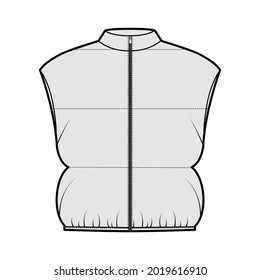 Down vest puffer waistcoat technical fashion illustration with sleeveless, stand collar, zip-up closure, crop length, wide quilting. Flat template front, grey color. Women, men, unisex top CAD mockup