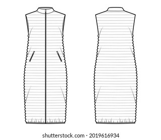 Down vest puffer waistcoat technical fashion illustration with stand collar, zip-up closure, pockets, midi length, narrow quilting. Flat front, back, white color style. Women men unisex top CAD mockup