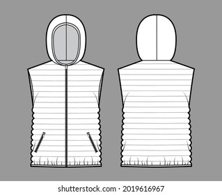 Down vest puffer waistcoat technical fashion illustration with sleeveless, hoody collar, zip-up closure, hip length, narrow quilting. Flat template front, back, white color. Women, men, unisex top CAD