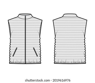 Down vest puffer waistcoat technical fashion illustration with stand collar, pockets, loose, hip length, narrow quilting. Flat template front, back, grey color style. Women, men, unisex top CAD mockup