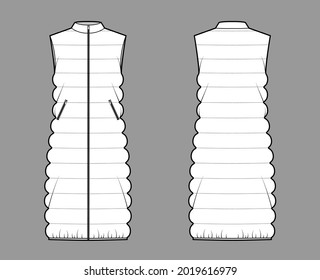Ilustración técnica de moda con chaleco de chaleco con mangas sin mangas, collarín de respaldo, cierre de cremallera, edredón de gran tamaño y clásico. Estilo de color blanco, frontal y posterior de una plantilla plana. Las mujeres, los hombres encabezan CAD