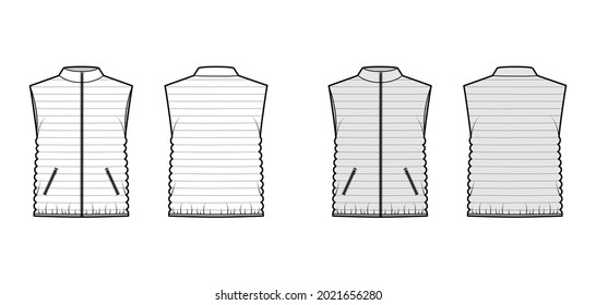 Down vest puffer waistcoat technical fashion illustration with stand collar, loose fit, hip length, narrow quilting. Flat template front, back, white, grey color style. Women, men, unisex top mockup