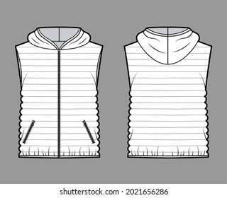 Down vest puffer waistcoat technical fashion illustration with sleeveless, hoody collar, zip-up closure, hip length, narrow quilting. Flat template front, back, white color style. Women men CAD mockup