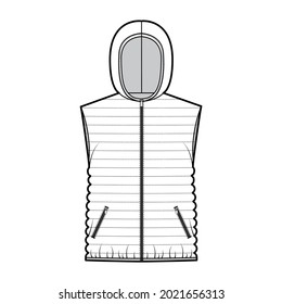 Down vest puffer waistcoat technical fashion illustration with sleeveless, hoody collar, zip-up closure, hip length, narrow quilting. Flat template front, white color style. Women, men top CAD mockup