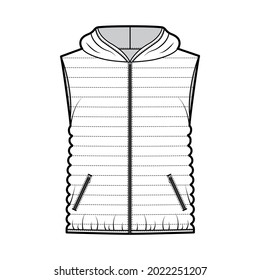 Down vest puffer waistcoat technical fashion illustration with sleeveless, hoody collar, zip-up closure, hip length, narrow quilting. Flat template front, white color style. Women, men top CAD mockup