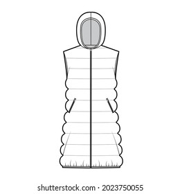 Ilustración técnica de la moda del chaleco del chaleco antideslizante con collarín, cierre de la cremallera, cuerpo suelto, tejido clásico. Delantera plana de la plantilla, estilo de color blanco. Mujeres, hombres, unisex top mockup CAD