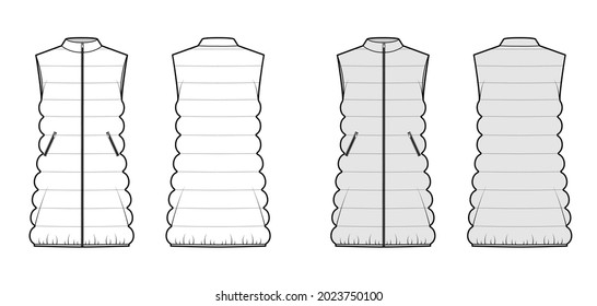 Down vest puffer waistcoat technical fashion illustration with sleeveless, stand collar, loose body, thigh length. Flat template front, back, white, grey color style. Women, men, unisex top CAD mockup