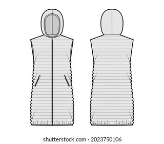 Down vest puffer waistcoat technical fashion illustration with sleeveless, pockets, loose fit, thigh length, narrow quilting. Flat template front, back, grey color style. Women, men, unisex CAD mockup