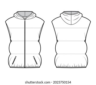 Die technische Modegrafik mit Hoody-Kragen, Reißverschluss, Taschen, Hüftlänge, Weitschnitt. Flache Vorder-Vorlage, Rückseite, weißer Farbstil. Frauen, Männer, Top-CAD-Modelle