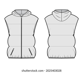 Down vest puffer waistcoat technical fashion illustration with hoody collar, zip-up closure, hip length, wide quilting. Flat template front, back, grey color style. Women, men, unisex top CAD mockup