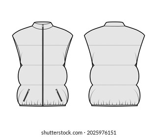 Down vest puffer waistcoat technical fashion illustration with sleeveless, stand collar, oversized, hip length, wide quilting. Flat template front, back, grey color style. Women, men, top CAD mockup