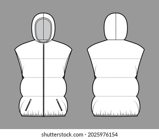 Down vest puffer waistcoat technical fashion illustration with hoody collar, zip-up closure, pockets, hip length, wide quilting. Flat template front, back, white color. Women, men, unisex CAD mockup