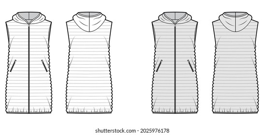 Down vest puffer waistcoat technical fashion illustration with sleeveless, hoody collar, thigh length, narrow quilting. Flat template front, back, white, grey color style. Women, men, top CAD mockup