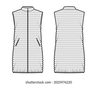 Down vest puffer waistcoat technical fashion illustration with stand collar, zip-up closure, pockets, loose fit, thigh length, narrow quilting. Flat front, back, grey color. Women, men top CAD mockup