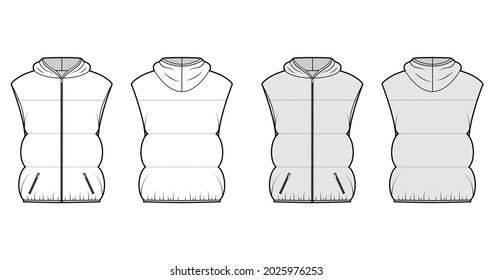 Down vest puffer waistcoat technical fashion illustration with hoody collar, pockets, hip length, wide quilting. Flat template front, back, white, grey color style. Women, men, unisex top CAD mockup