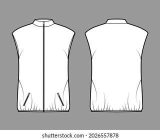 Down vest puffer waistcoat technical fashion illustration with sleeveless, stand collar, zip-up closure, pockets, hip length. Flat template front, back, white color style. Women, men, top CAD mockup