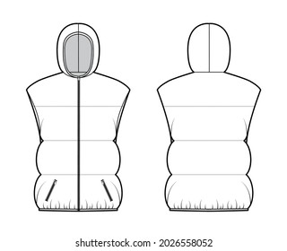 Down vest puffer waistcoat technical fashion illustration with hoody collar, zip-up closure, pockets, hip length, wide quilting. Flat template front, back, white color style. Women, men top CAD mockup