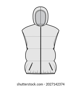 Down vest puffer waistcoat technical fashion illustration with hoody collar, zip-up closure, pockets, hip length, wide quilting. Flat template front grey color style. Women, men, unisex top CAD mockup