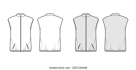 Down vest puffer waistcoat technical fashion illustration with sleeveless, stand collar, pockets, oversized, hip length. Flat template front, back, white, grey color style. Women unisex top CAD mockup
