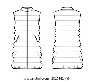 Down vest puffer waistcoat technical fashion illustration with stand collar, zip-up closure, loose body, thigh length. Flat template front, back, white color style. Women, men, unisex top CAD mockup