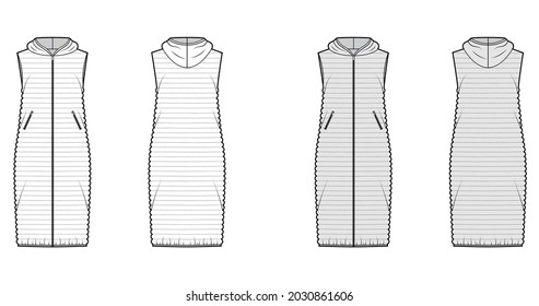 Down vest puffer waistcoat technical fashion illustration with hoody collar, pockets, loose body, narrow quilting. Flat template front, back, white, grey color style. Women, men, unisex top CAD mockup