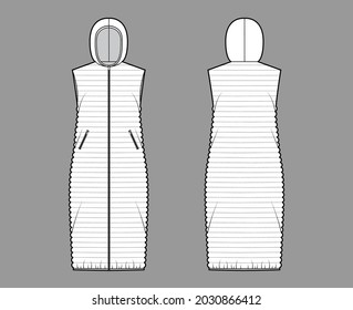 Ilustración técnica de la moda del chaleco de chaleco antideslizante con collarín, cierre de la cremallera, bolsillos, cuerpo suelto, tejido estrecho. Plano frontal de la plantilla, reverso, color blanco. Las mujeres, los hombres, la burla unisex arriba