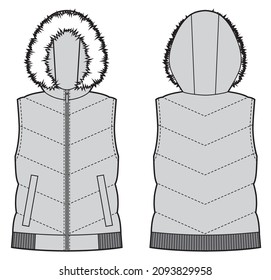 Down vest puffer waistcoat technical fashion illustration with fur on the hood