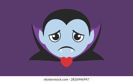 Downcast cartoon vampire character with sharp fangs and a small red heart below stands against a dark purple background.